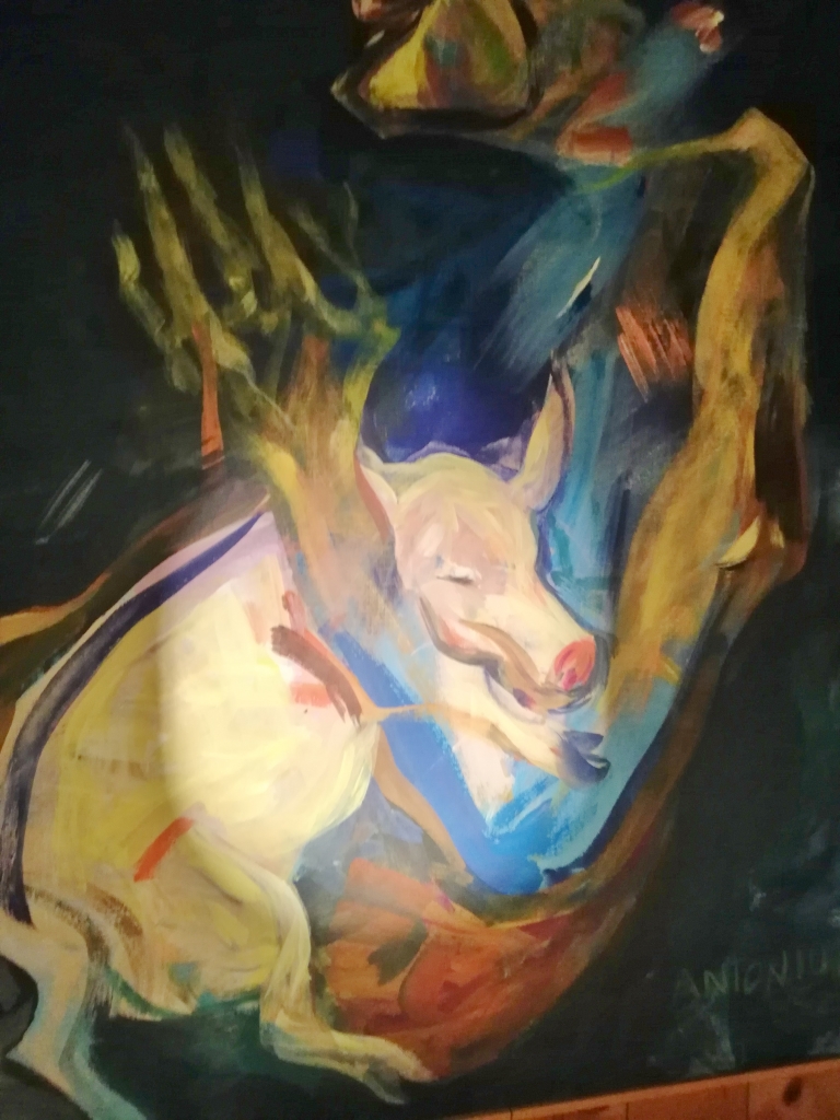 Acrylbild von Reiner Schiestl: Schweinchen, Attribut des Hl. Antonius