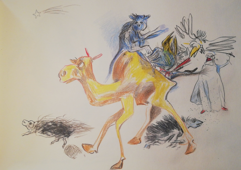 Buntstift - Zeichnungen von Reiner Schiestl aus dem Buch "Bestiarium", Buntstiftzeichnung: "Lorenz von Arabien "